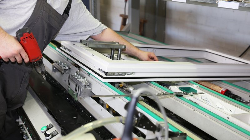 Radnik na proizvodnoj liniji montira okov na PVC ram prozora uz pomoć električne bušilice